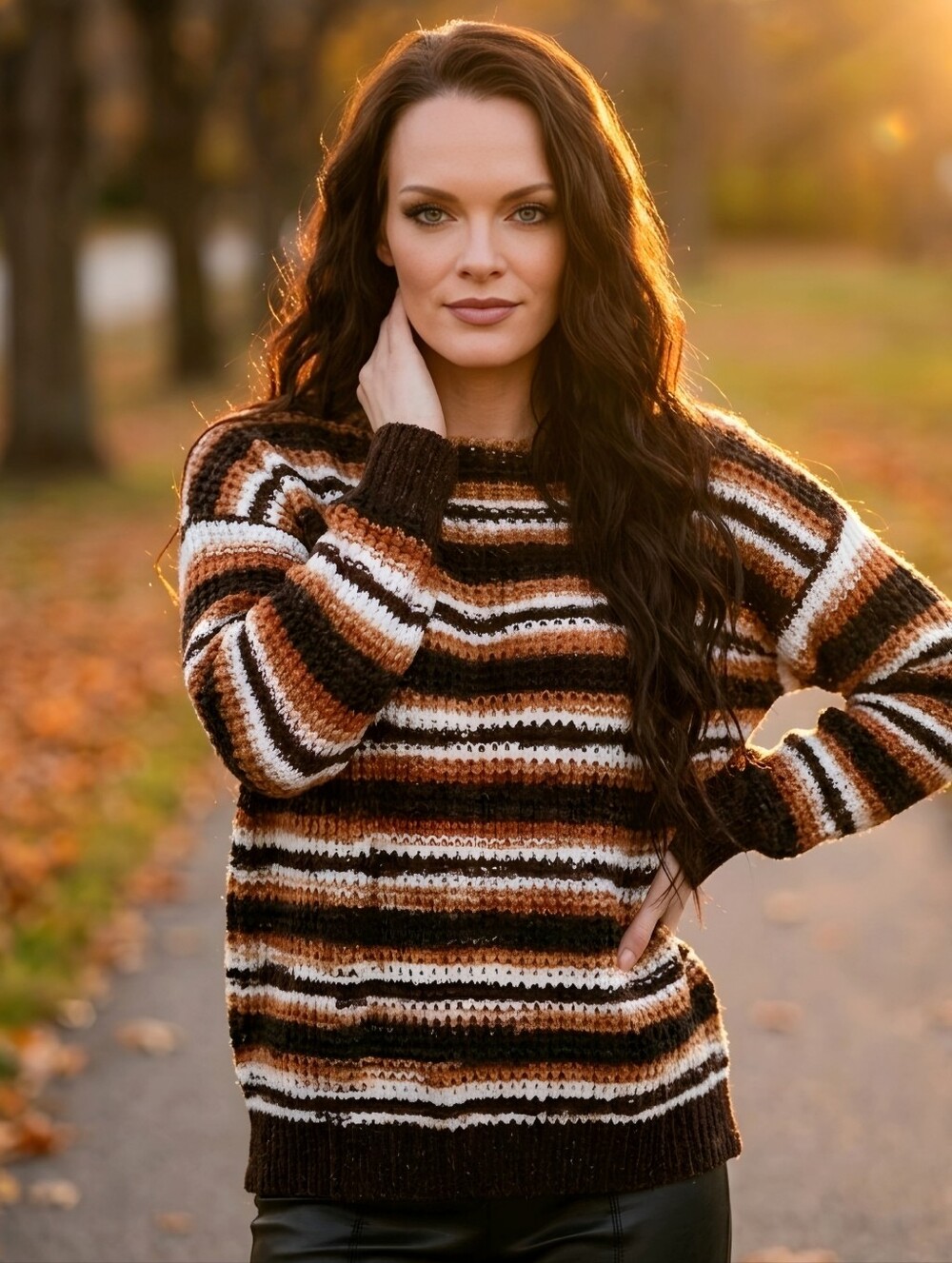Windsor ✦ Brown Chenille Striped Sweater ✦ Soft Cozy Knit Round Neck Relaxed Fit